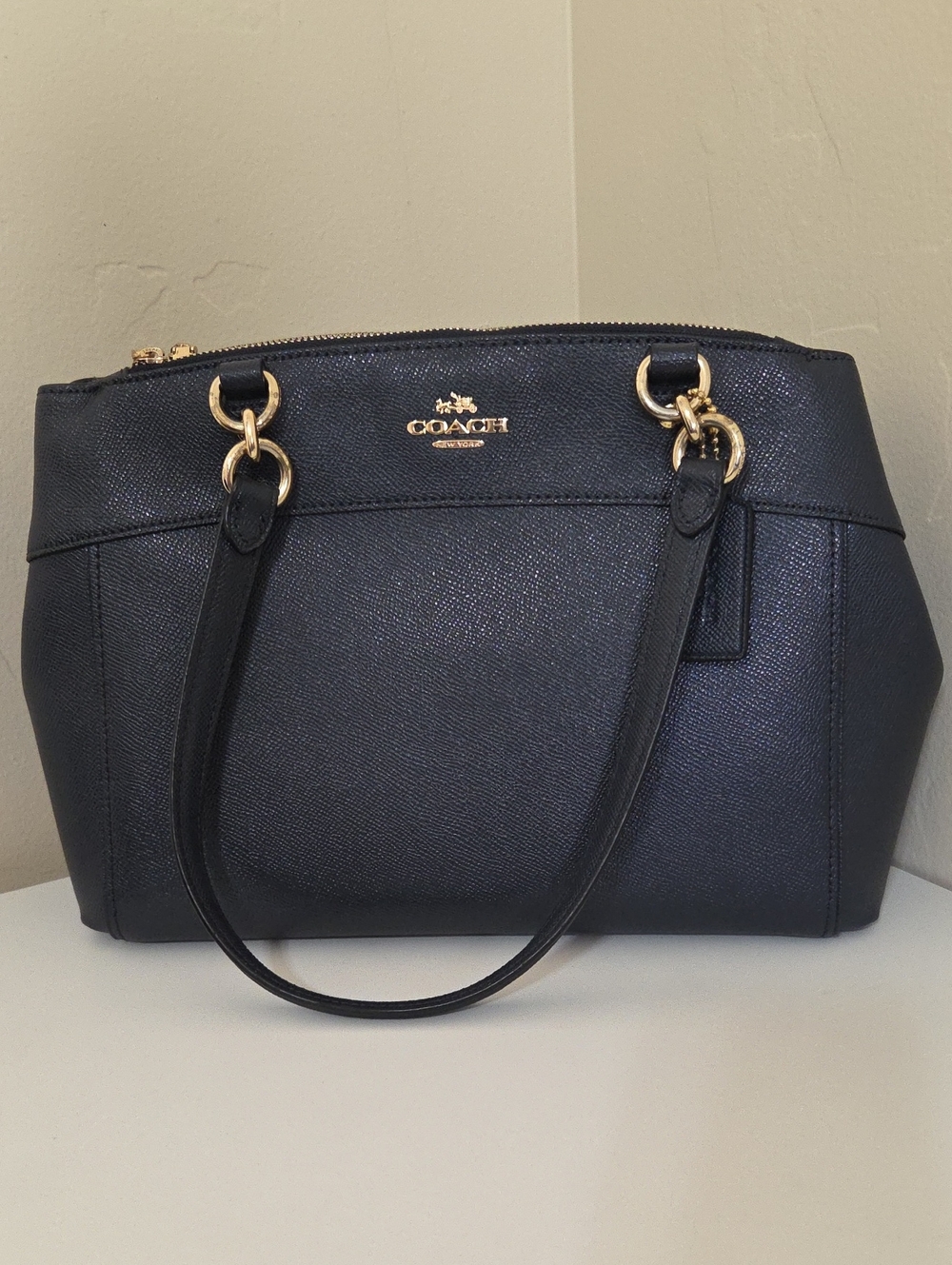 Coach Navy Blue Leather Satchel with Gold-Tone Hardware